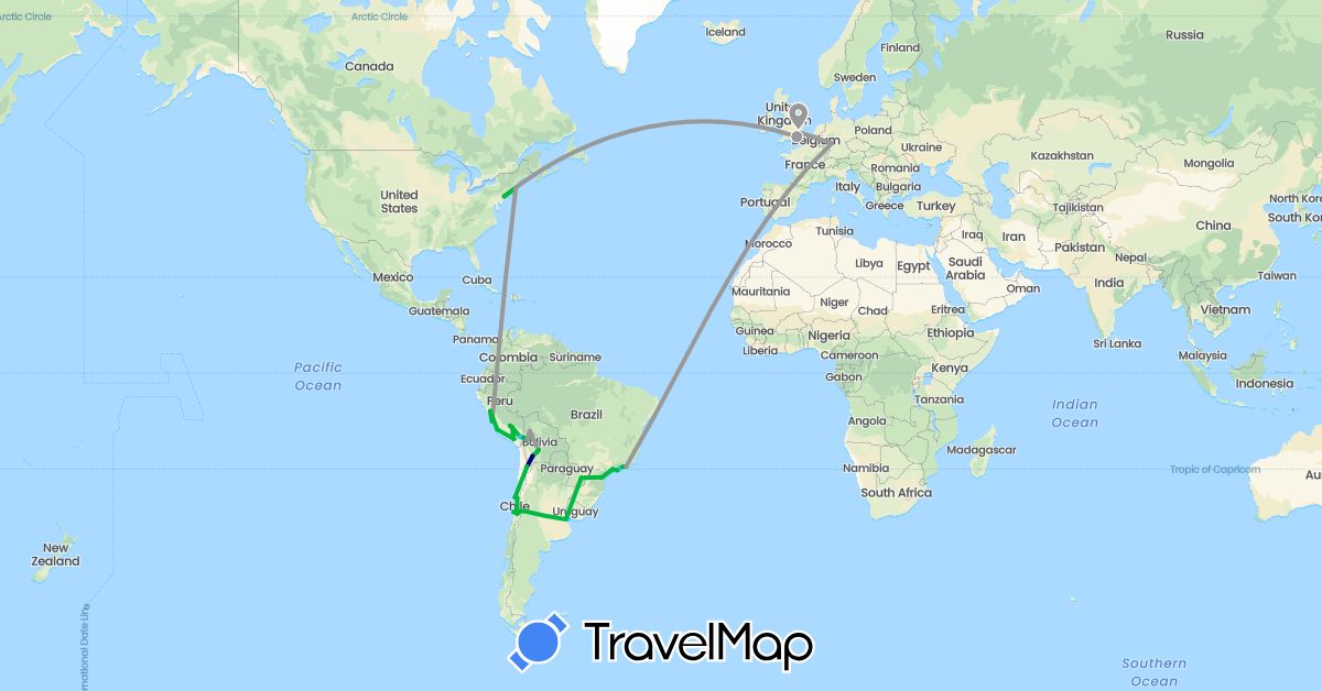 TravelMap itinerary: driving, bus, plane, cycling, hiking, boat in Argentina, Bolivia, Brazil, Chile, Germany, United Kingdom, Peru, Paraguay, United States, Uruguay (Europe, North America, South America)